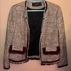 Zara Women's Black, White, and Red Tweed Blazer size L